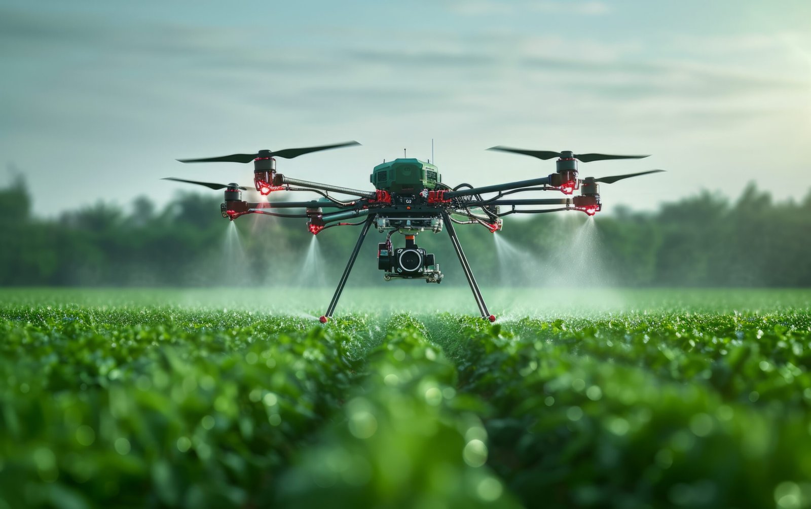 Drone Spraying Crops at Sunrise