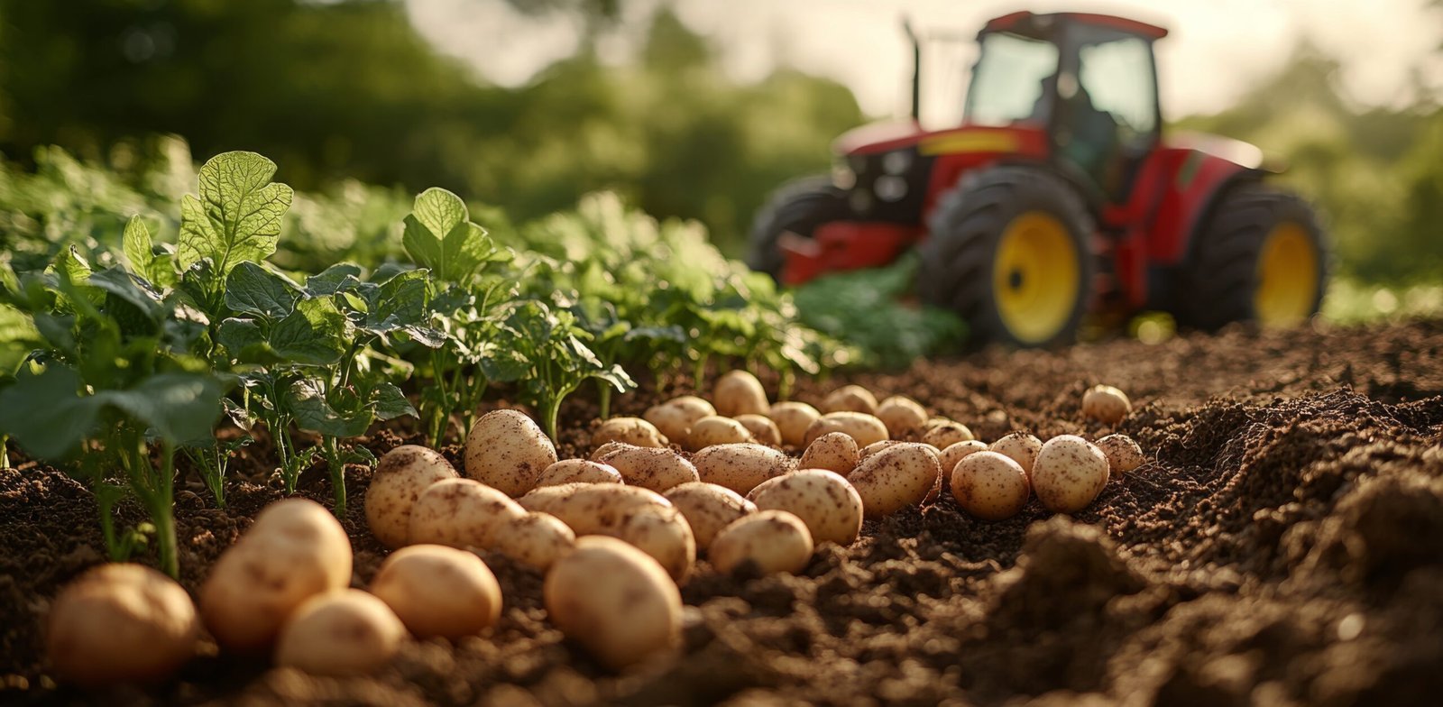 Farmers are collecting ripe potatoes from the soil while a tractor is visible in the background. The warm sunlight creates a beautiful ambiance over the agricultural field.