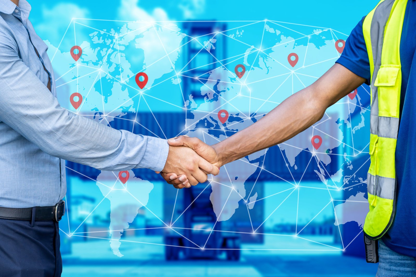 Foreman and engineer shake hand together with concept of successful in shipping, Map global logistics partnership connection of Container Cargo freight ship for Import Export background